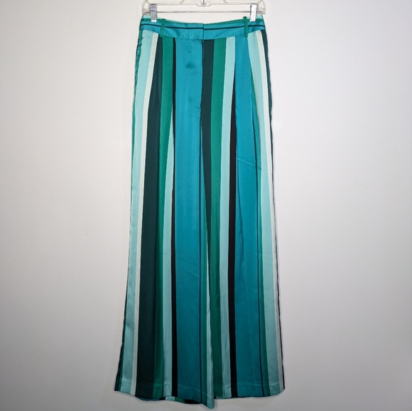 NWT Worthington Blue Green Striped Satin Wide Leg Mid Rise Professional Pant 4 - Picture 1 of 13